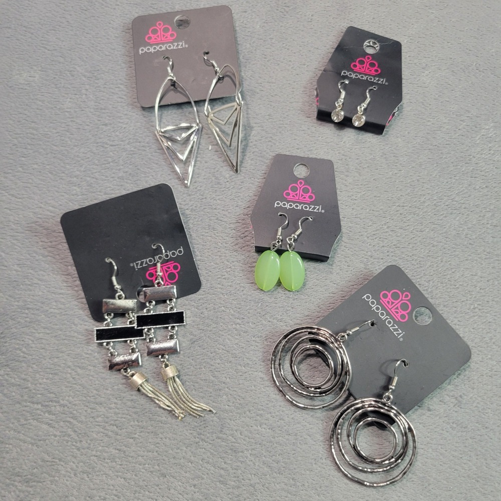 Paparazzi Earring‎ Lot Womens Silver Black Green Geometric Tassel Rhinestone 5pc
